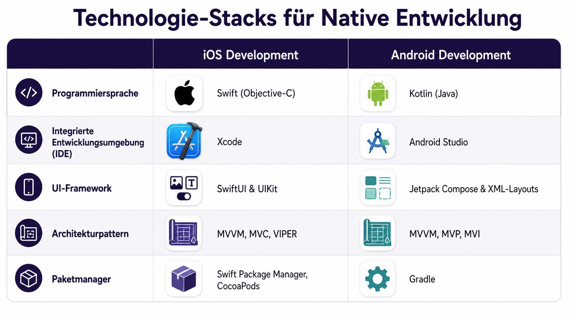 Eine Übersichtstabelle über die wichtigsten Technologie-Stacks für die native App-Entwicklung unter iOS und Android.