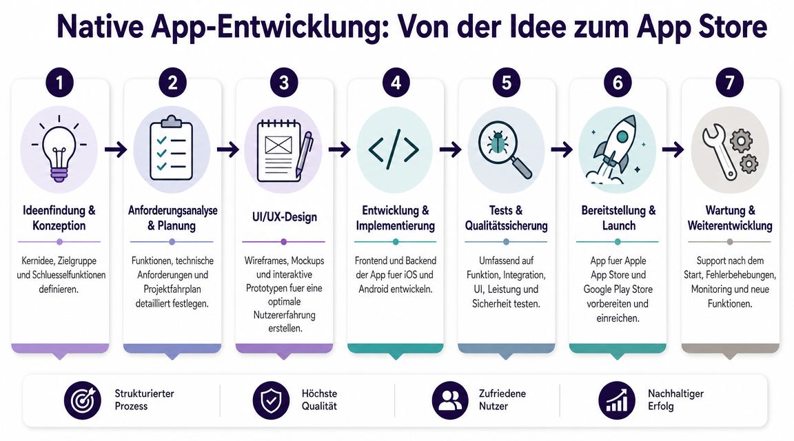 Eine siebenstufige Infografik zur nativen App-Entwicklung von der ersten Idee bis zur kontinuierlichen Wartung und Weiterentwicklung.