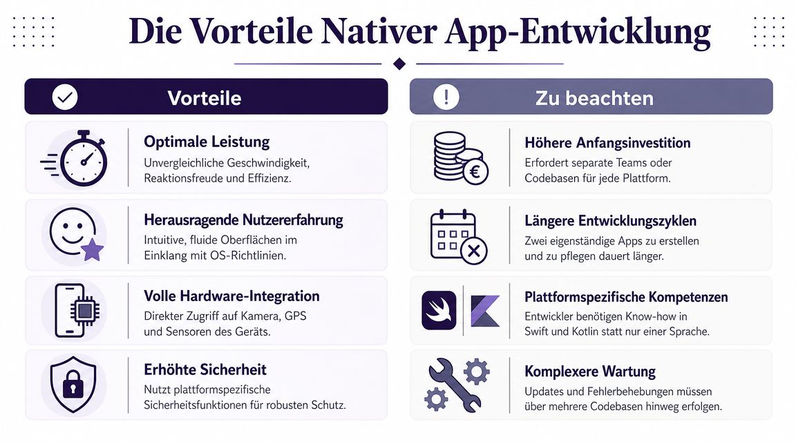 Eine Infografik, die die Vor- und Nachteile der nativen App-Entwicklung übersichtlich in einer Vergleichstabelle gegenüberstellt.