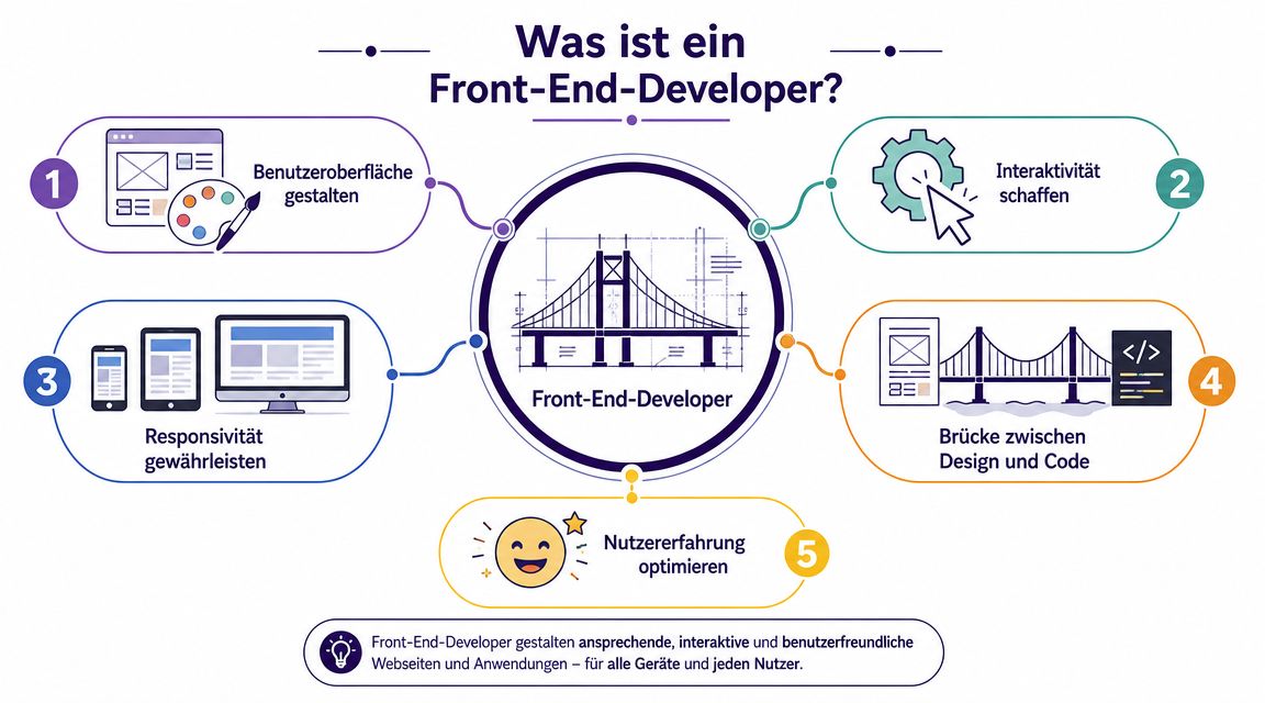 Infografik über die Aufgaben eines Front-End-Developers, einschließlich Design, Interaktivität, Responsivität und Optimierung der Nutzererfahrung für Webanwendungen.