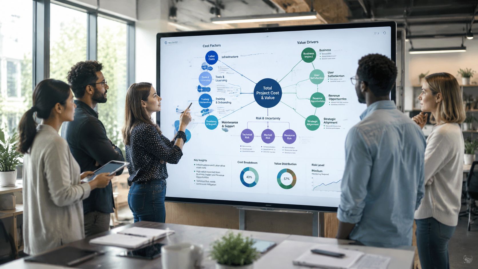 Ein professionelles Team diskutiert eine detaillierte Kosten-Nutzen-Analyse an einem großen digitalen Whiteboard im modernen Büro.