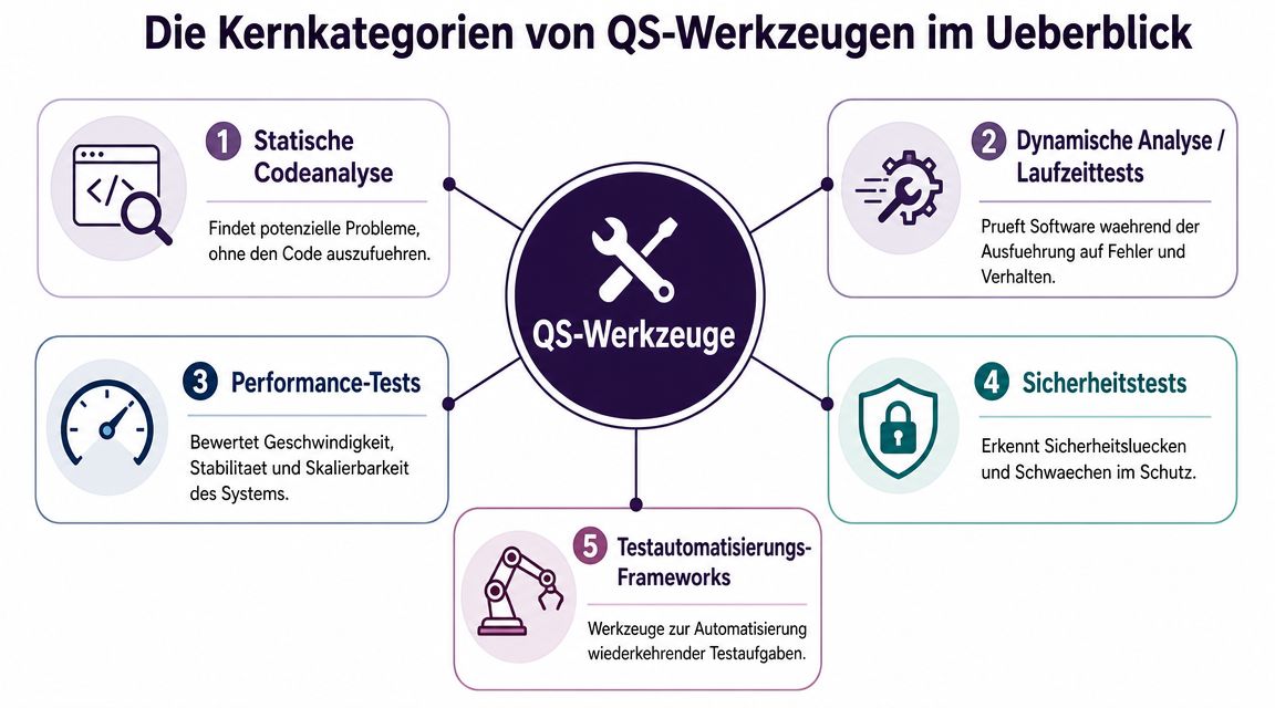Übersichtsgrafik zu den fünf Kernkategorien von QS-Werkzeugen für die Qualitätssicherung in der Softwareentwicklung.
