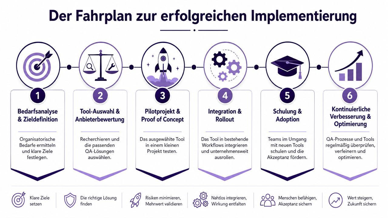 Ein sechsstufiger Fahrplan für die erfolgreiche Implementierung von Software-Qualitätssicherung in Unternehmen dargestellt als Infografik.