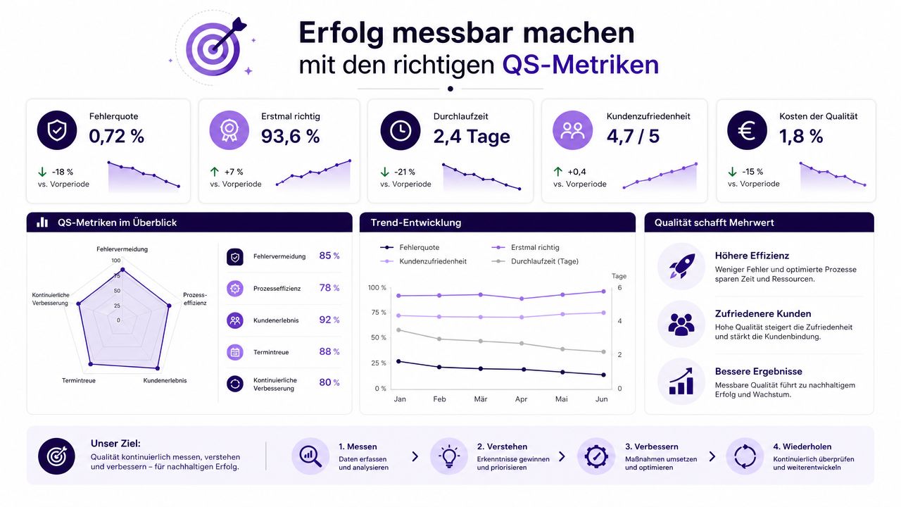 Eine Infografik zur Qualitätssicherung mit Metriken, Trendanalysen und einem Prozessmodell zur kontinuierlichen Verbesserung von Geschäftsergebnissen.