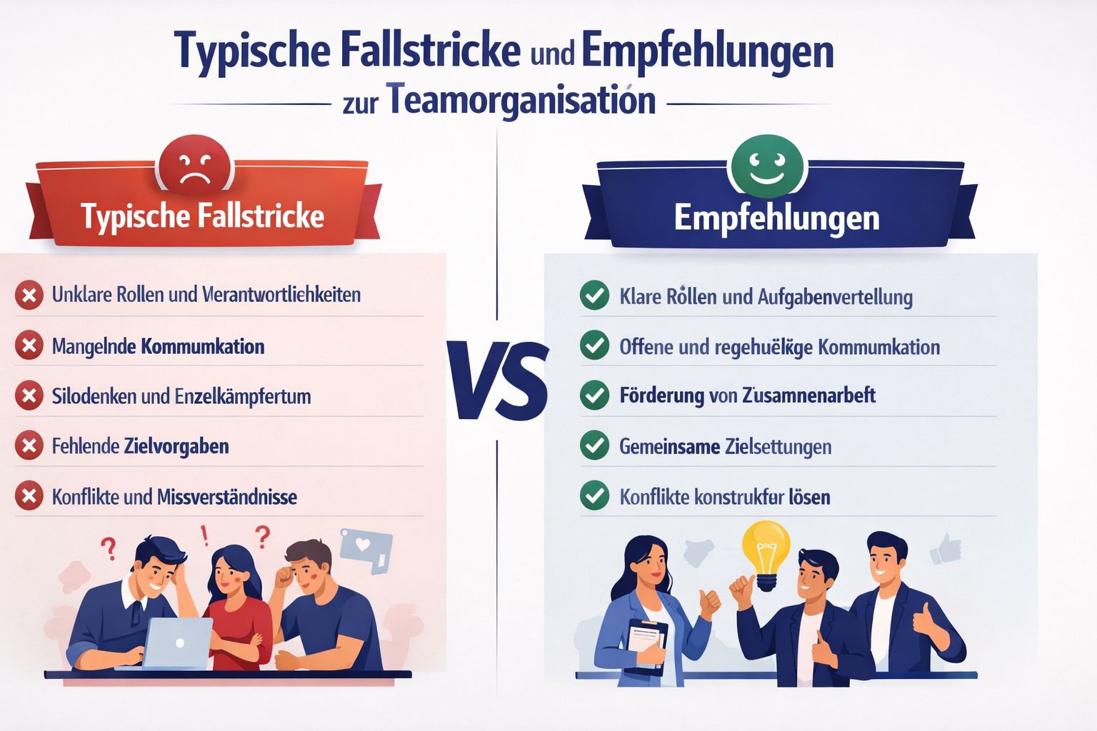 Eine Infografik stellt typische Fallstricke und positive Empfehlungen für eine erfolgreiche Teamorganisation gegenüber.