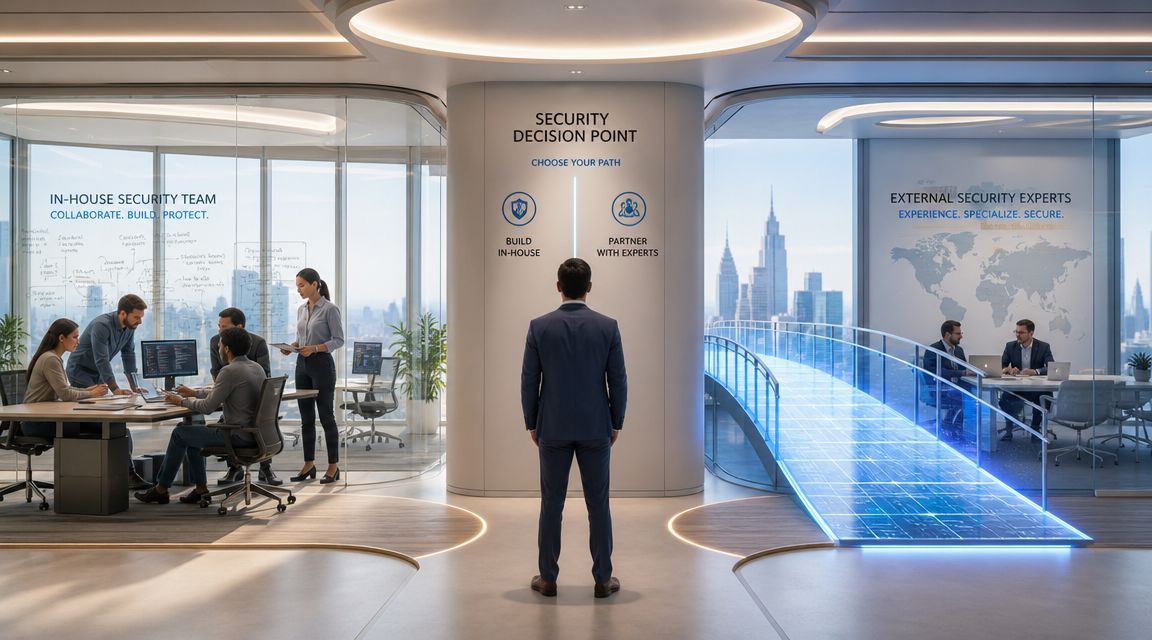 Ein Geschäftsmann trifft eine Entscheidung zwischen internem Sicherheitsteam und externen Sicherheitsexperten in einem modernen Büro.