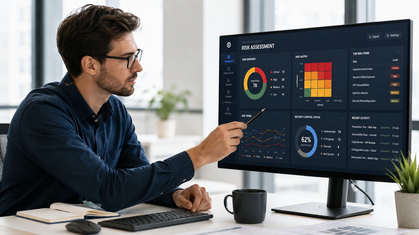 Ein Mann im Büro betrachtet ein Dashboard zur Risikobewertung auf einem großen Computermonitor und zeigt auf die Grafik.
