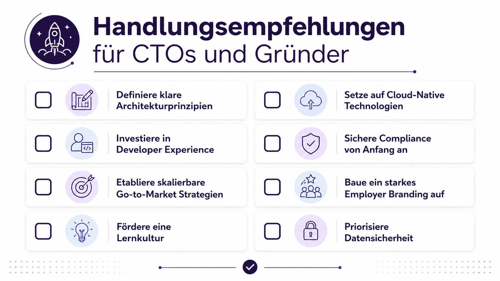 Grafische Übersicht mit acht Handlungsempfehlungen für CTOs und Gründer zur erfolgreichen technischen und strategischen Unternehmensführung.