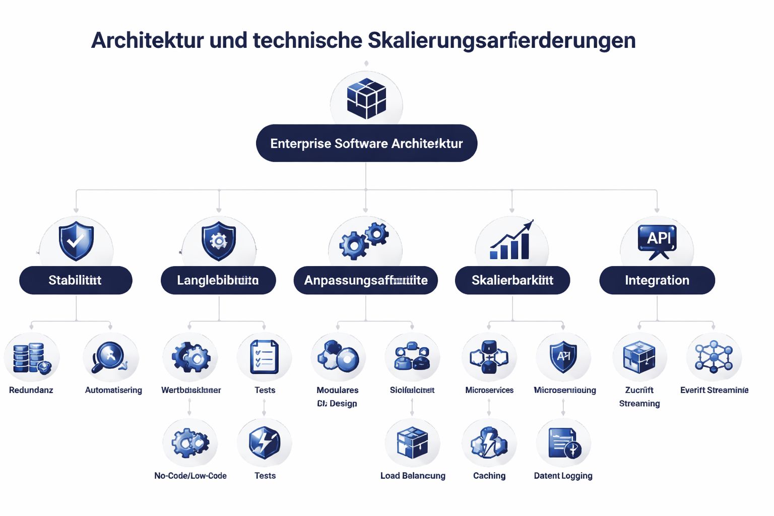 Ein Diagramm, das die Architektur und technischen Skalierungsanforderungen für Enterprise-Software mit verschiedenen Unterpunkten detailliert darstellt.