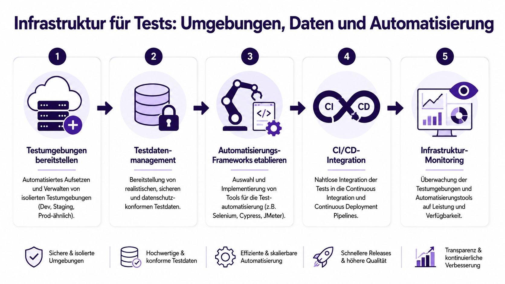 Grafische Darstellung der Testinfrastruktur mit fünf Schritten: Umgebungen, Testdaten, Automatisierung, CI/CD-Integration und Monitoring für Softwaretests.