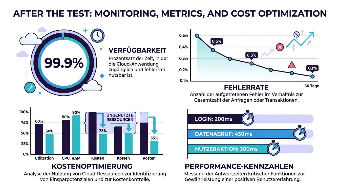 Eine Infografik zur Überwachung von Cloud-Anwendungen, die Verfügbarkeit, Fehlerraten, Kostenoptimierung und Leistungskennzahlen wie Antwortzeiten visualisiert.