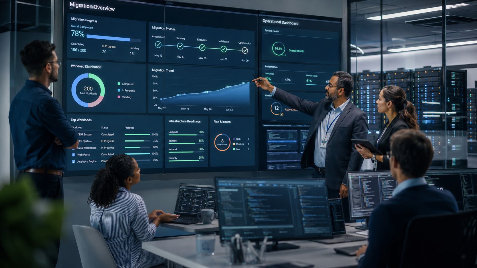 Ein professionelles Team von IT-Experten analysiert gemeinsam komplexe Daten auf einer großen digitalen Dashboard-Anzeige in einem Serverraum.