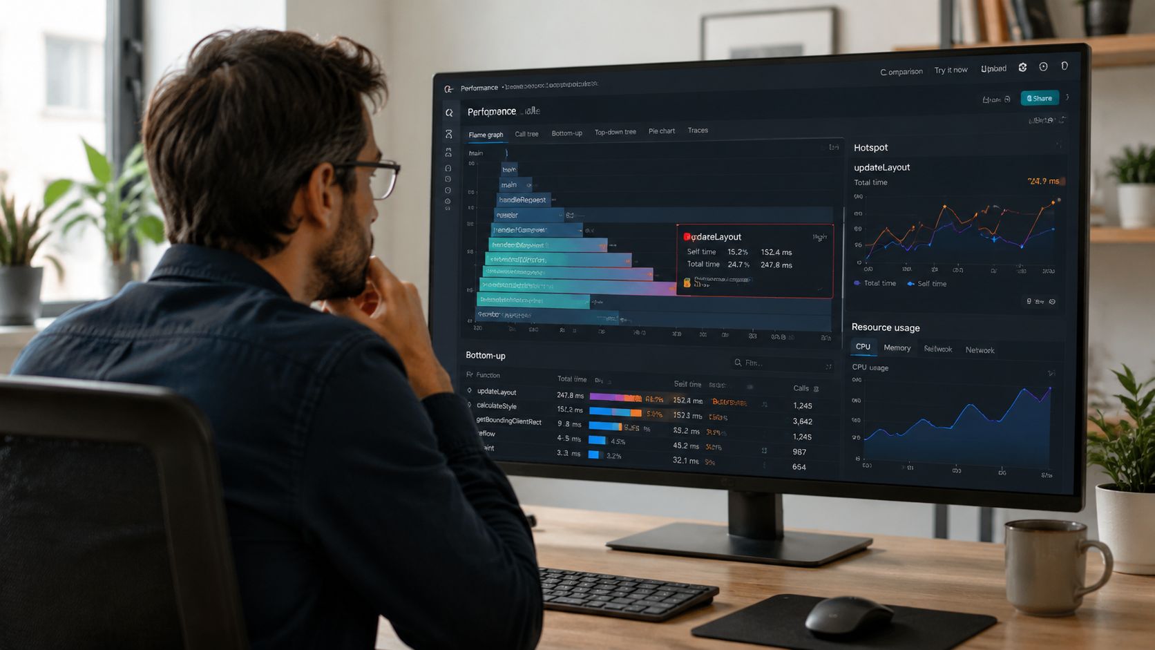 Ein Softwareentwickler arbeitet an einem Computerbildschirm mit detaillierten Leistungsanalysen und Performance-Diagrammen einer Anwendung.