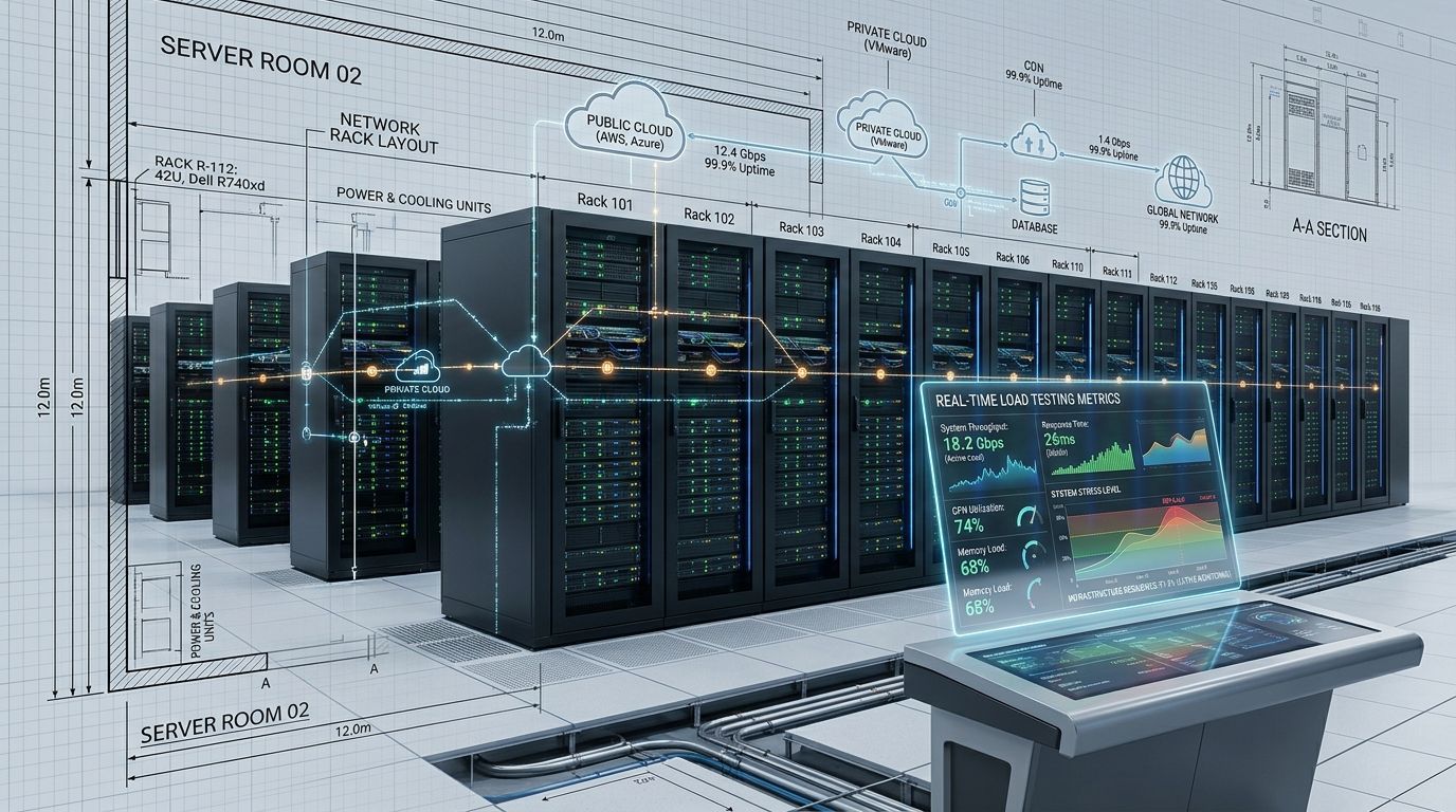Ein hochmodernes Rechenzentrum mit Server-Racks, digitalen Netzwerkgrafiken und einem Überwachungsbildschirm zur technischen Leistungsüberwachung.