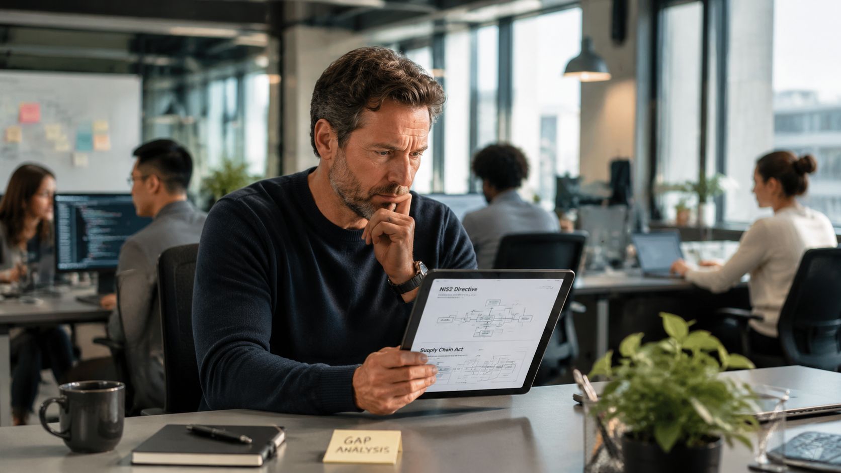 Ein Geschäftsmann analysiert konzentriert Compliance-Dokumente zur NIS2-Richtlinie und zum Lieferkettengesetz auf seinem Tablet an einem modernen Arbeitsplatz.