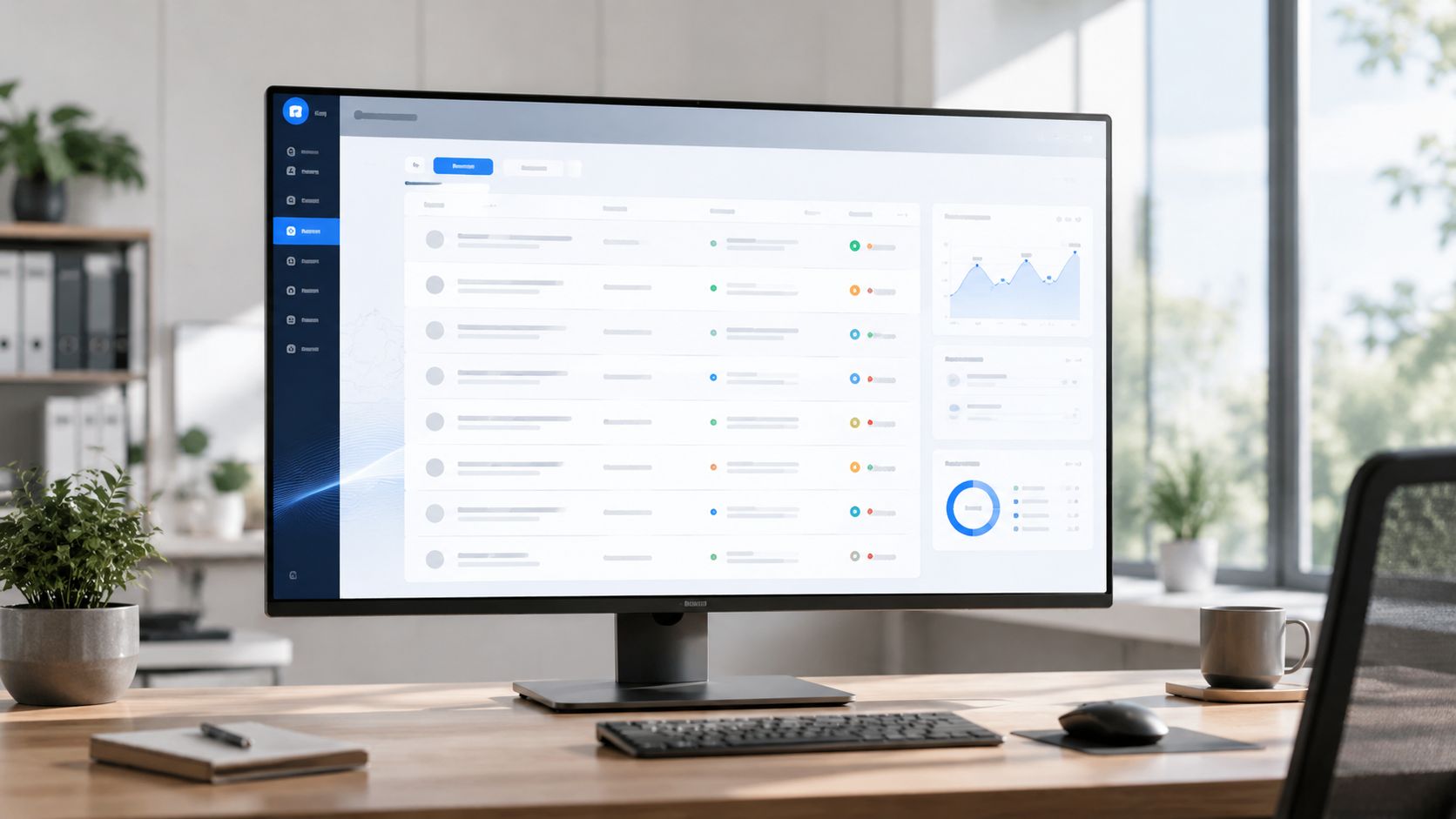 Ein moderner Schreibtisch mit einem großen Computerbildschirm, der ein professionelles Dashboard zur Verwaltung von Kundensupport-Anfragen zeigt.