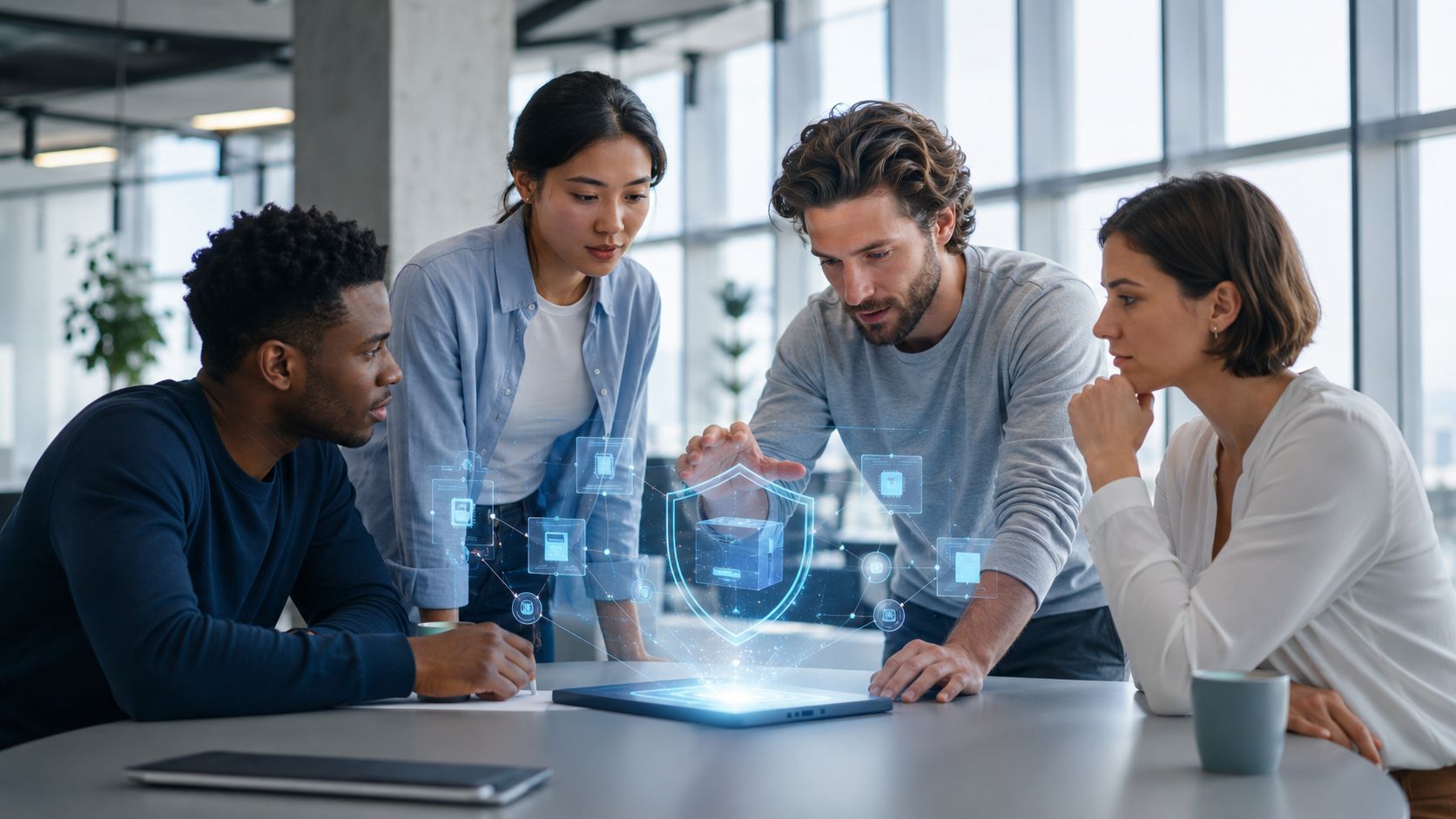 Ein professionelles Team diskutiert in einem modernen Büro über den Schutz von geistigem Eigentum mit digitaler Holografie.