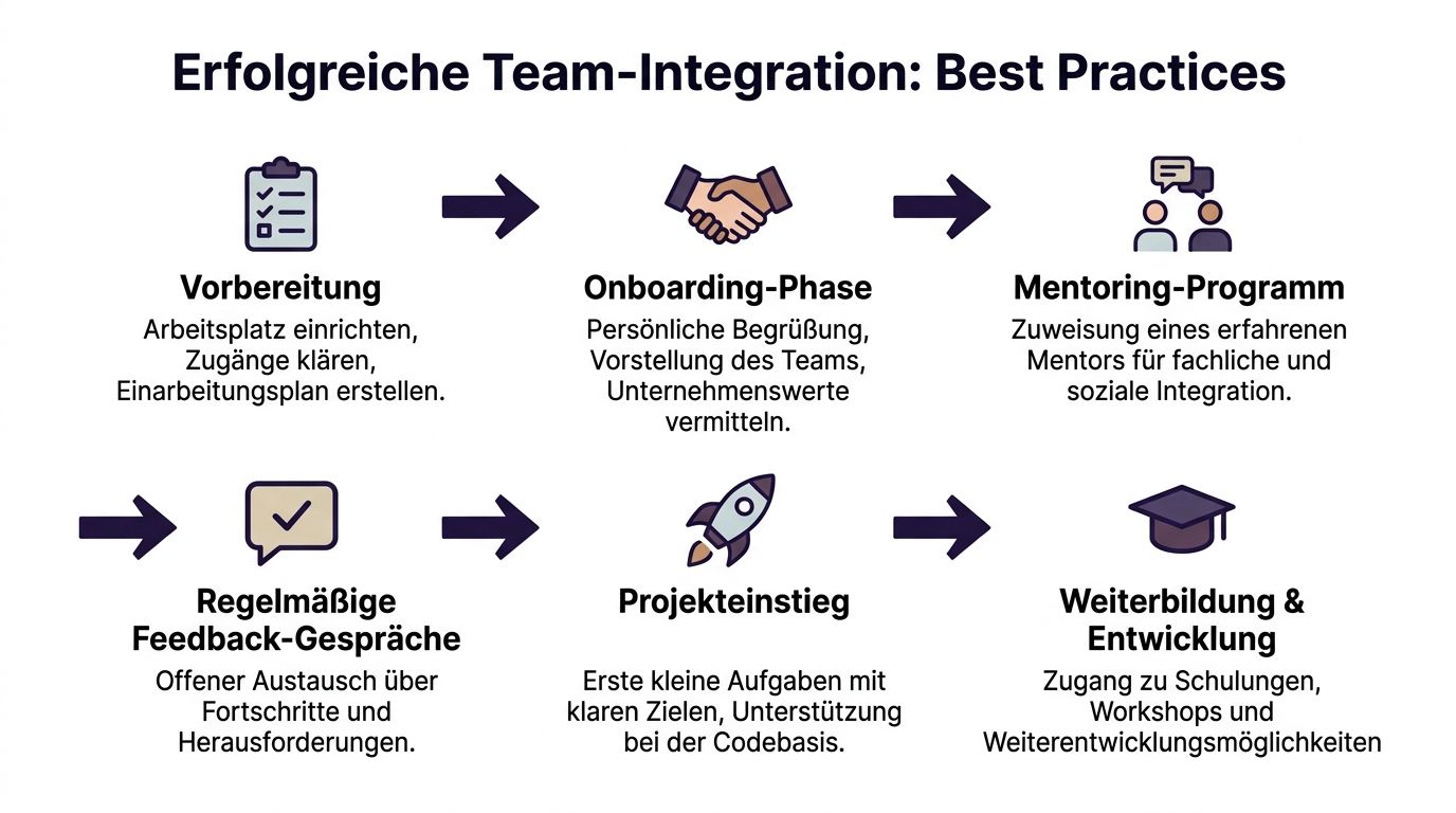 Eine Infografik mit sechs Schritten für eine erfolgreiche Team-Integration von neuen Mitarbeitern im Unternehmen.