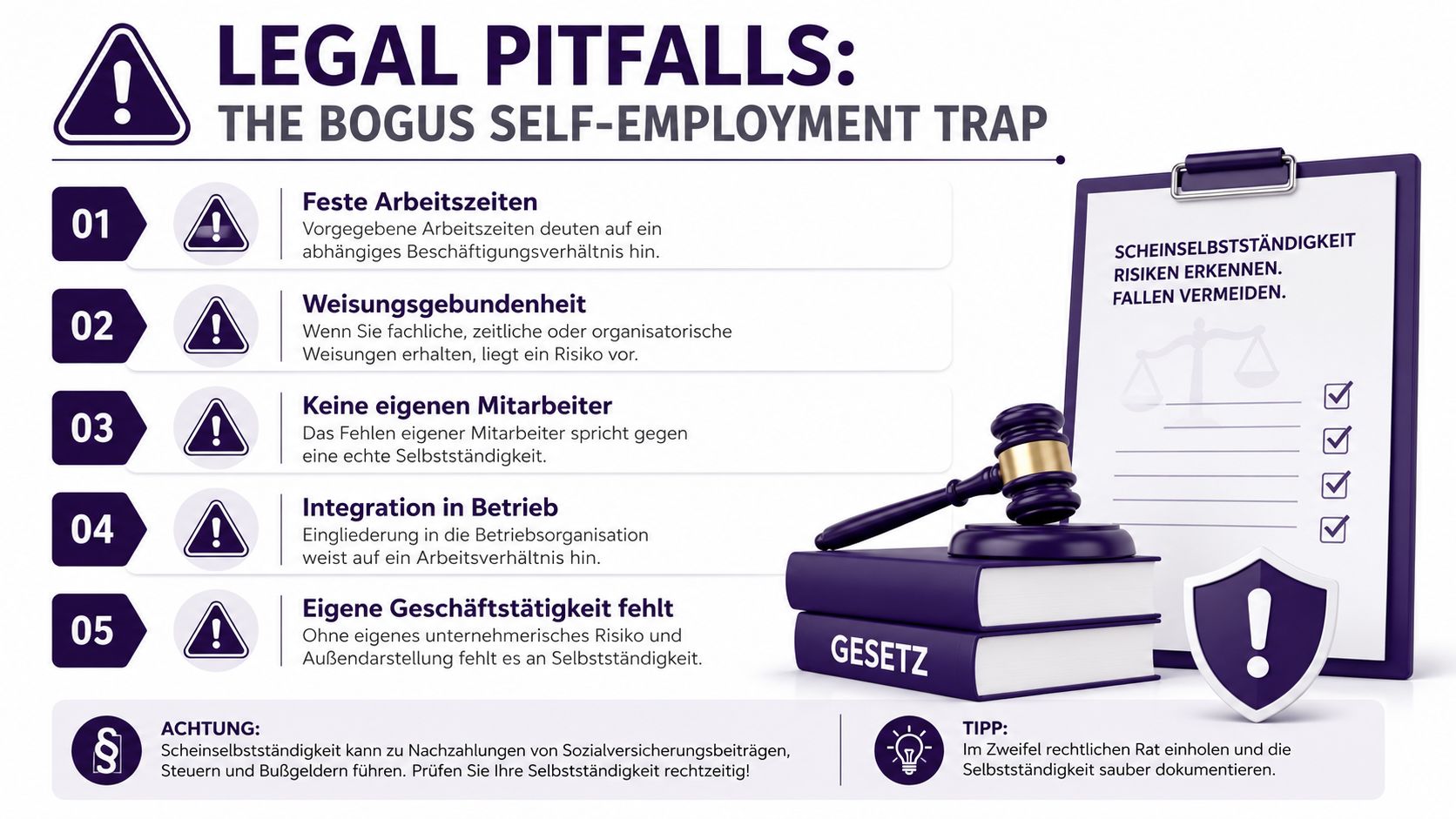 Infografik zu Risiken der Scheinselbstständigkeit, dargestellt durch fünf Warnpunkte, ein Gesetzbuch, einen Hammer und eine Checkliste.