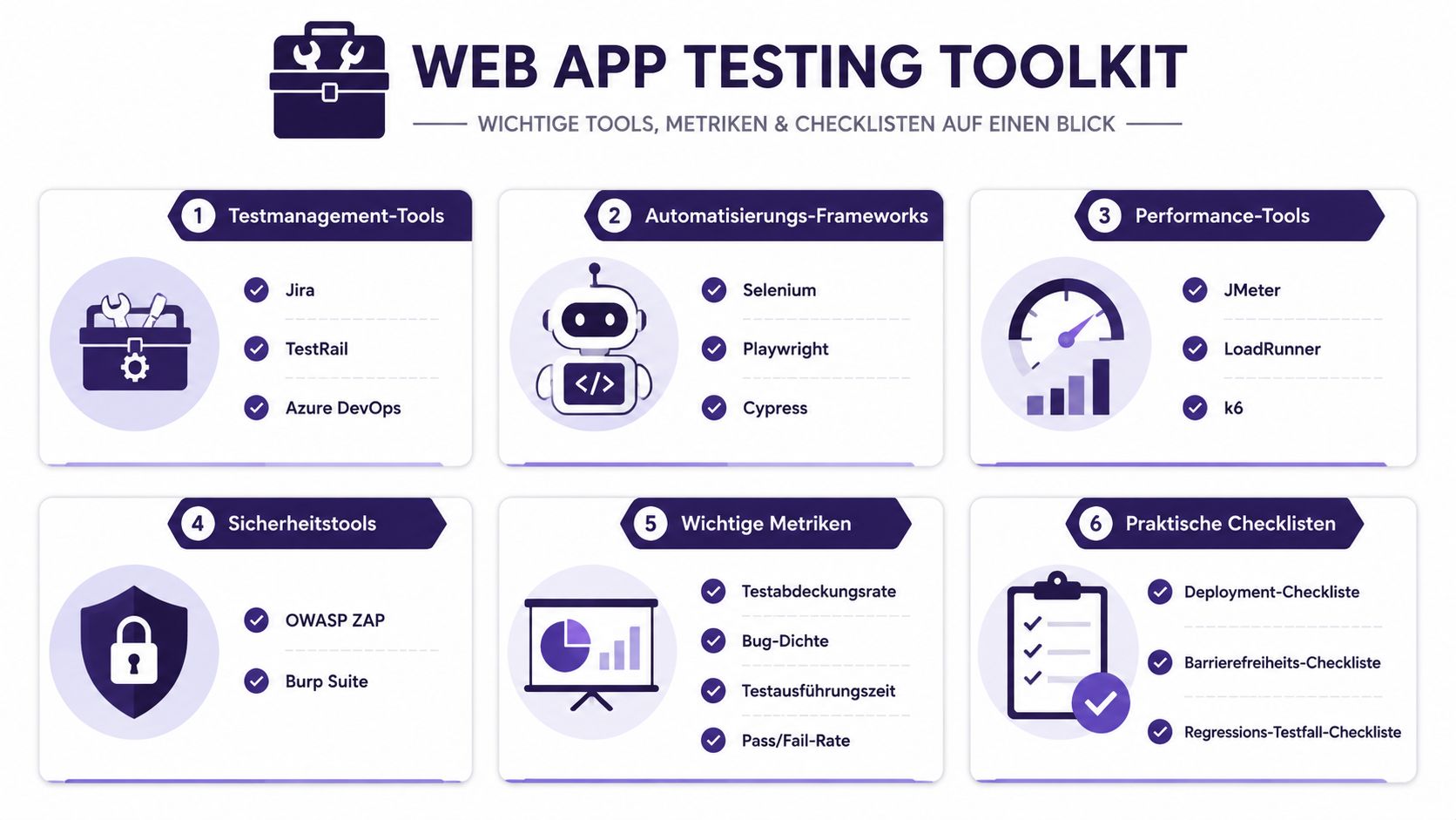 Eine Übersicht über die wichtigsten Software-Tools, Metriken und Checklisten für das Testen von Webanwendungen in einer Grafik.