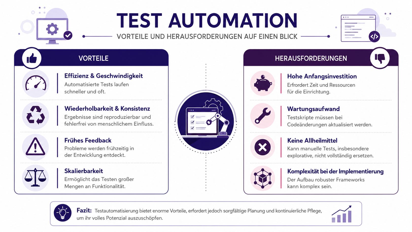 Infografik zeigt die Vorteile und Herausforderungen der Testautomatisierung in der Softwareentwicklung mit klaren Symbolen und kurzen Erklärungen.