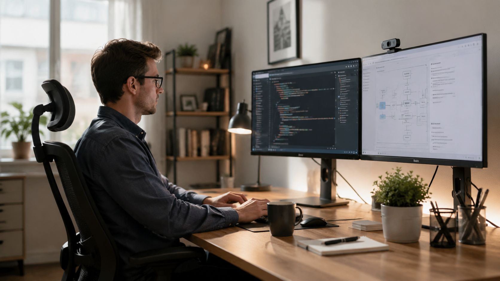 Ein fokussierter Programmierer arbeitet an seinem Schreibtisch mit zwei Bildschirmen an einem komplexen Softwareprojekt in seinem Büro.