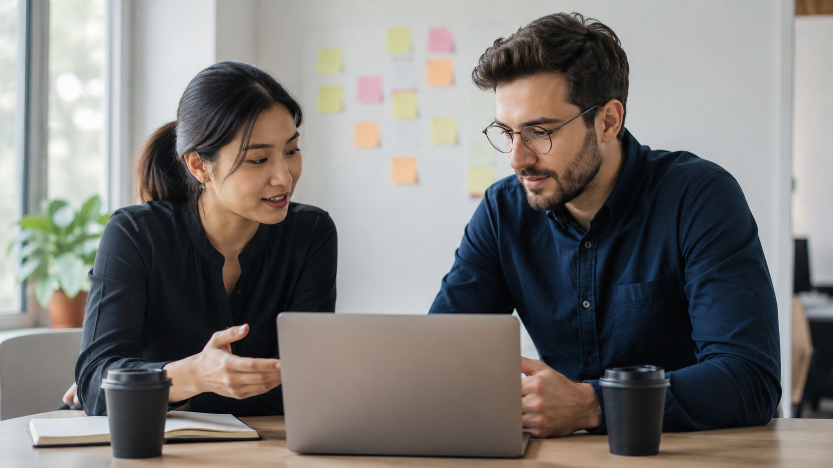 Ein Mann und eine Frau sitzen an einem Schreibtisch vor einem Laptop und besprechen agile Arbeitsmethoden im Büro.