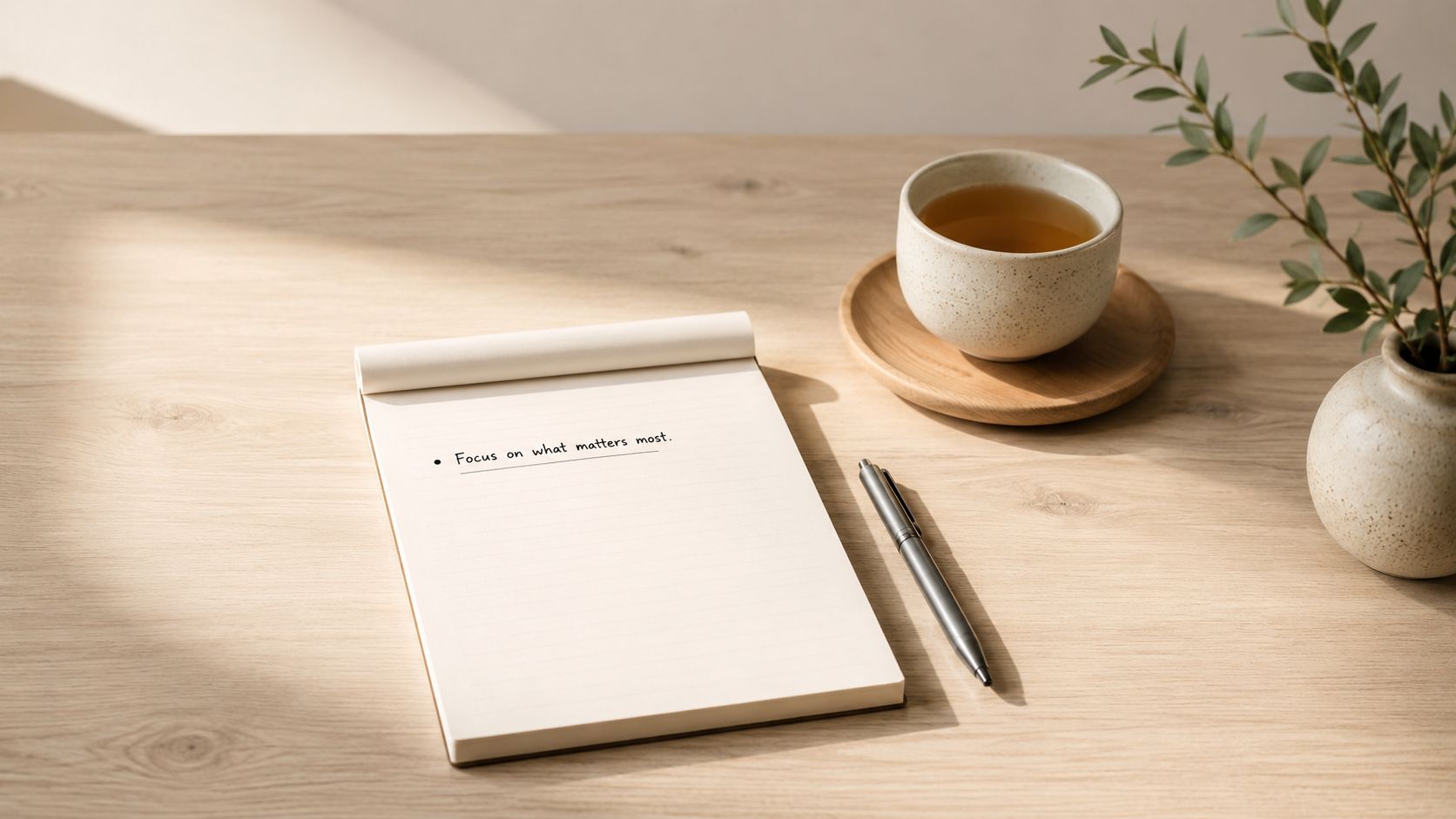 Ein Notizblock mit dem handgeschriebenen Satz 'Focus on what matters most' liegt neben einem Kaffee auf einem Schreibtisch.