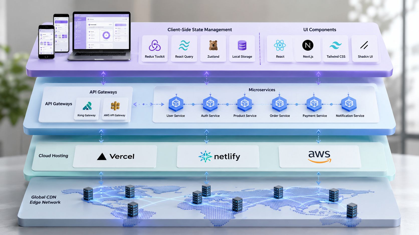 Eine illustrative 3D-Schichten-Architektur einer modernen Webanwendung, die Frontend-Technologien, Microservices, Cloud-Hosting und globale CDN-Netzwerke darstellt.