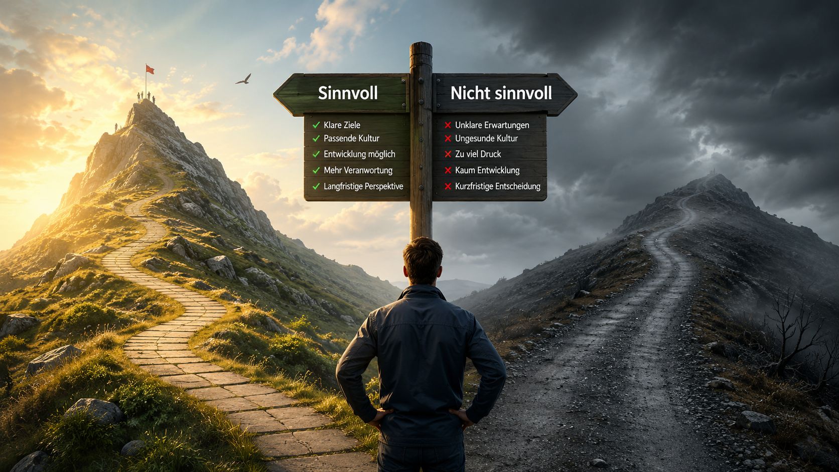 Ein Mann blickt an einer Weggabelung auf ein Schild mit positiven und negativen Karrierefaktoren.