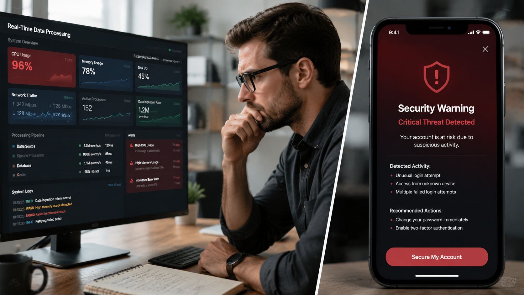 Ein Softwareentwickler arbeitet konzentriert am Computer, während auf seinem Smartphone eine kritische Sicherheitswarnung angezeigt wird.