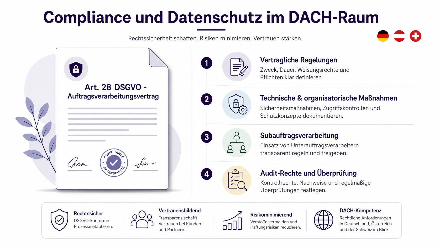 Infografik zum Auftragsverarbeitungsvertrag gemäß Art. 28 DSGVO für Compliance und Datenschutz im deutschsprachigen DACH-Raum.