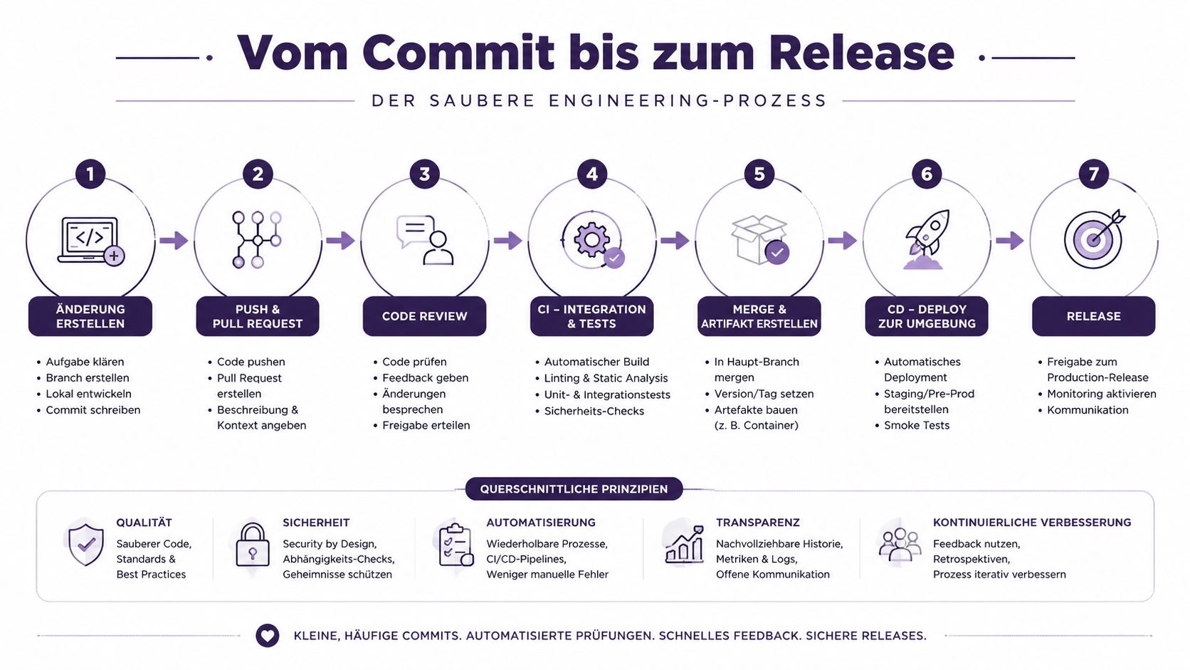 Ein siebenstufiger Software-Engineering-Prozess vom ersten Commit bis zur finalen Veröffentlichung inklusive übergreifender Qualitätsprinzipien.