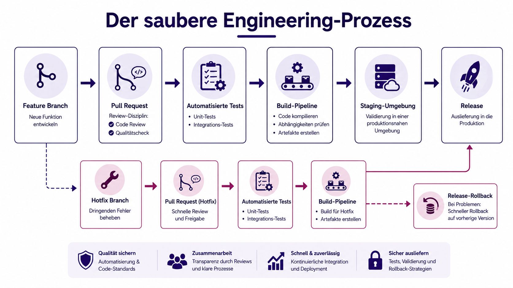 Ein Flussdiagramm, das den sauberen Engineering-Prozess mit Software-Entwicklungsschritten, Automatisierung und Hotfix-Workflows in der IT veranschaulicht.