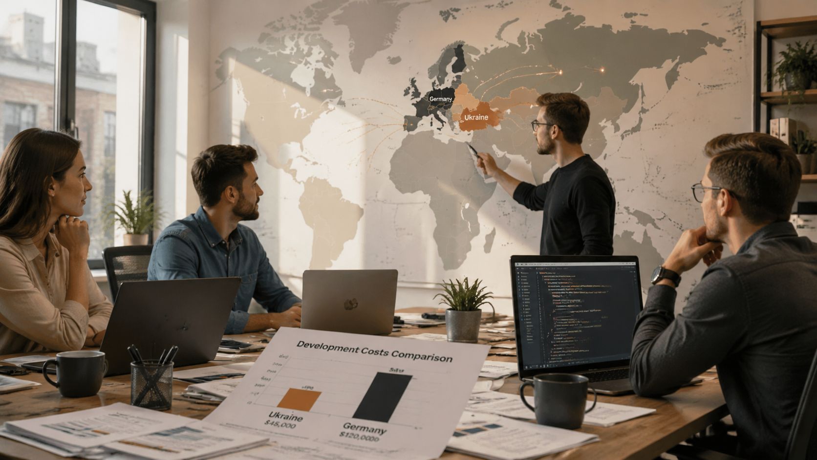 Ein Team von Softwareentwicklern bespricht Gehaltsunterschiede zwischen Deutschland und der Ukraine in einem modernen Büro