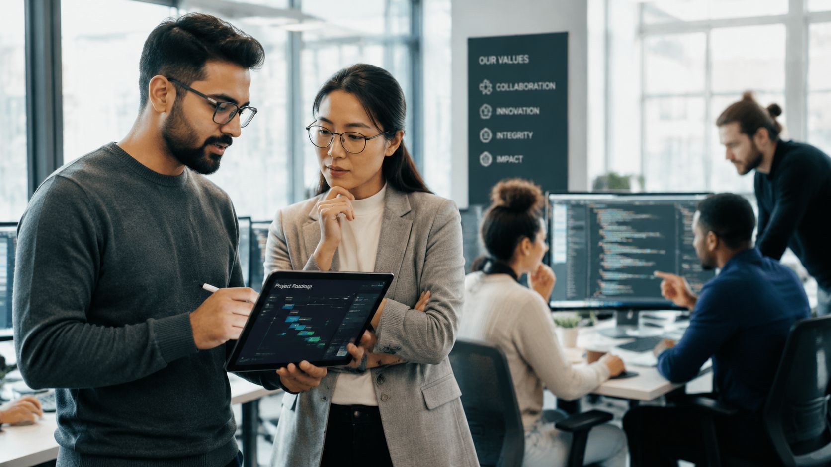 Zwei IT-Fachkräfte aus dem Ausland besprechen gemeinsam an einem Tablet die aktuelle Roadmap in einem modernen Büro.