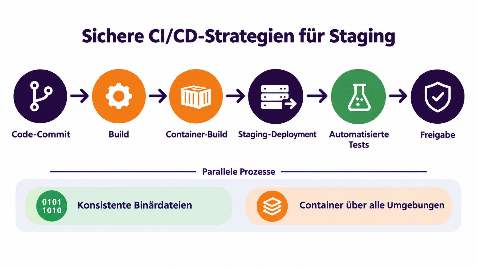 Grafik zeigt einen sicheren CI/CD-Prozess für Staging mit verschiedenen Automatisierungsschritten und parallelen Abläufen.