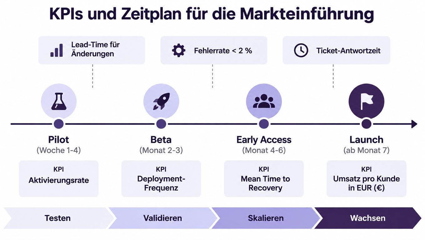 Eine Übersicht der KPIs und des Zeitplans für eine erfolgreiche Markteinführung von der Pilotphase bis zum Wachstum.
