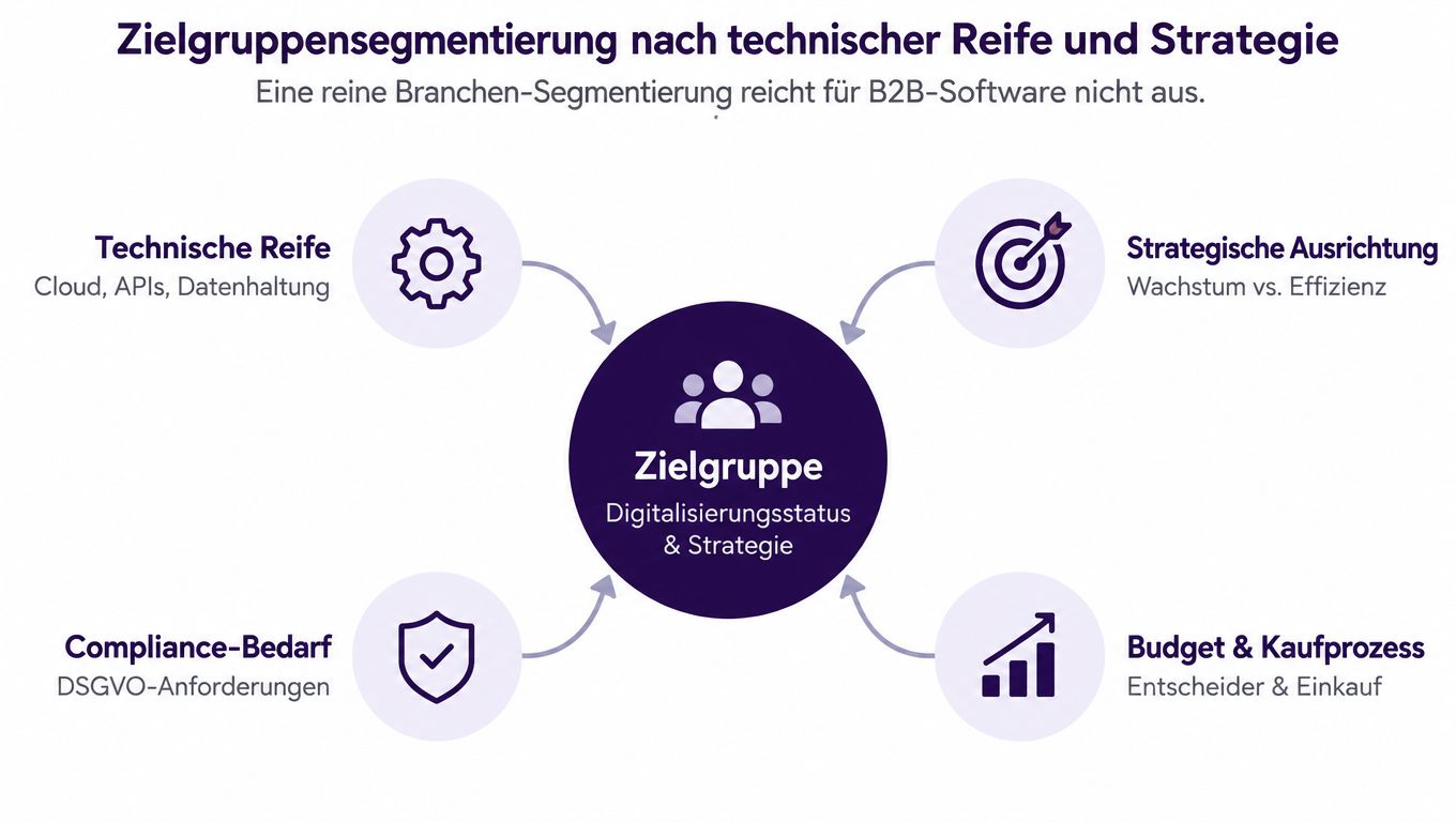 Eine Grafik zur Zielgruppensegmentierung für B2B-Software basierend auf technischer Reife, Strategie, Compliance sowie Budget und Kaufprozessen.