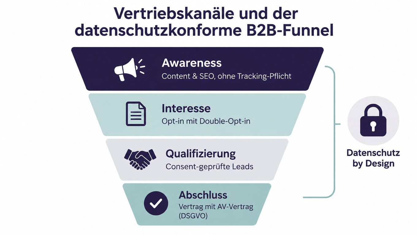 Ein Marketing-Trichter, der die Phasen eines datenschutzkonformen B2B-Vertriebsprozesses mit DSGVO-konformen Maßnahmen übersichtlich darstellt.
