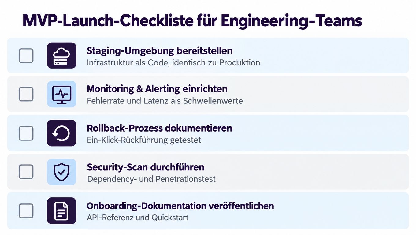 Eine Checkliste für Engineering-Teams zur Vorbereitung des MVP-Launchs mit fünf wichtigen Schritten für eine erfolgreiche Inbetriebnahme.