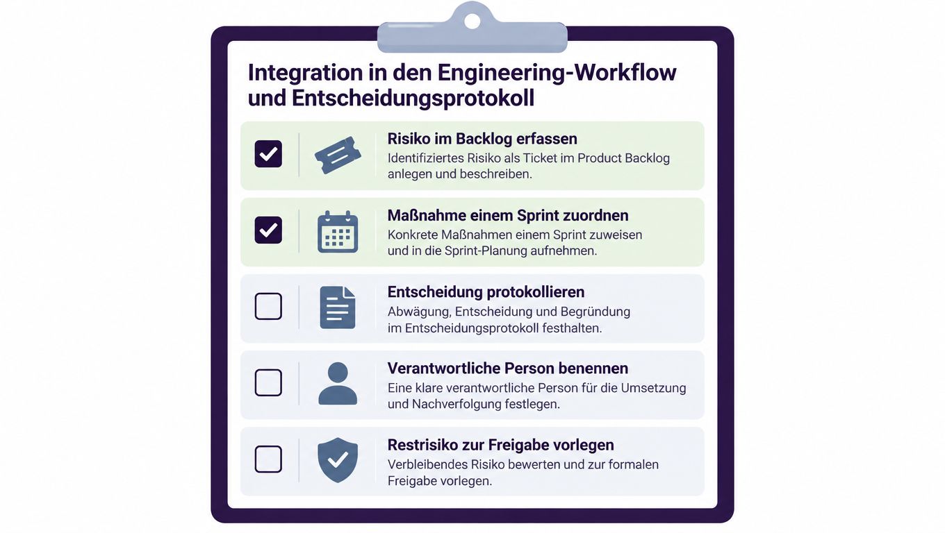 Eine Checkliste zur Integration von Risikomanagement in den Engineering-Workflow und das Entscheidungsprotokoll eines Unternehmens.
