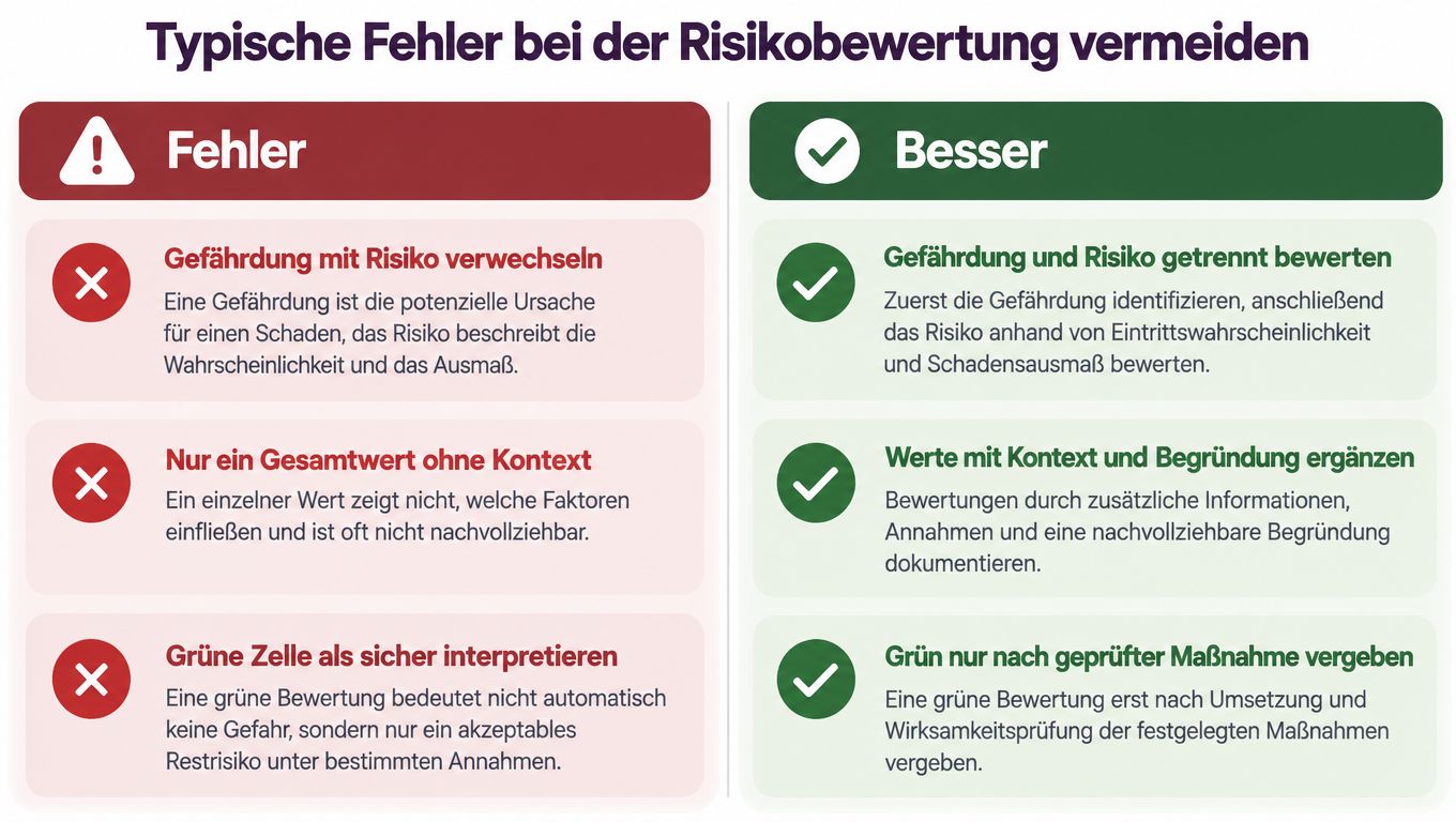 Eine Infografik mit Tipps zur Vermeidung typischer Fehler bei der Risikobewertung in einem professionellen Kontext.
