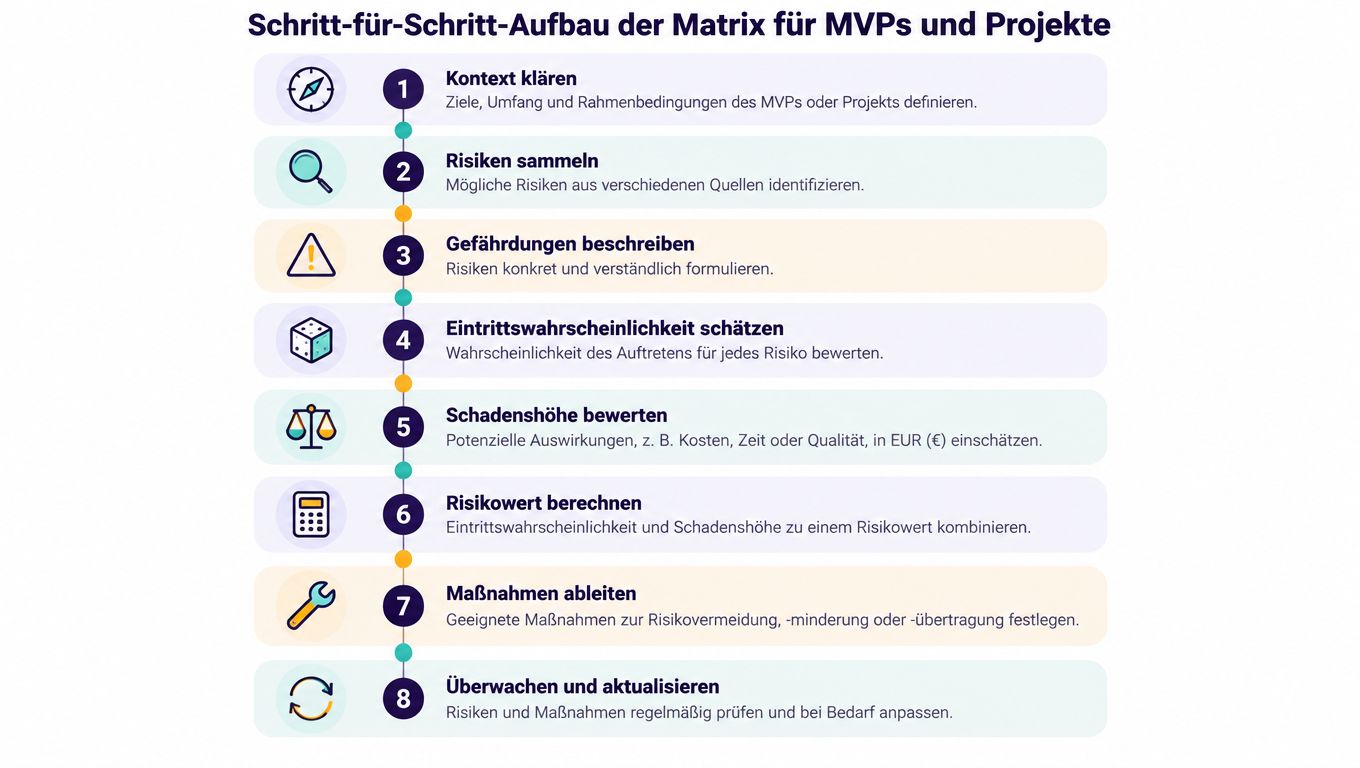 Eine Infografik zur schrittweisen Erstellung einer Risikomatrix für MVPs und Projekte mit acht nummerierten, illustrierten Schritten.