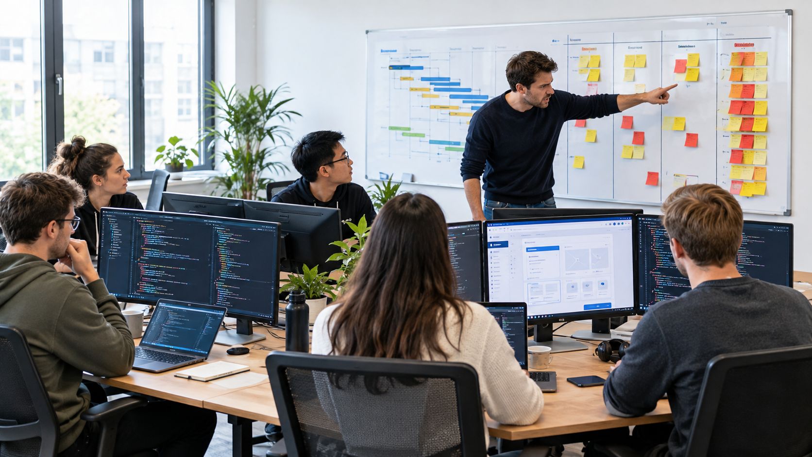 Ein Team von Softwareentwicklern arbeitet kollaborativ in einem modernen Büro an einem Projekt mit Whiteboard und Bildschirmen.