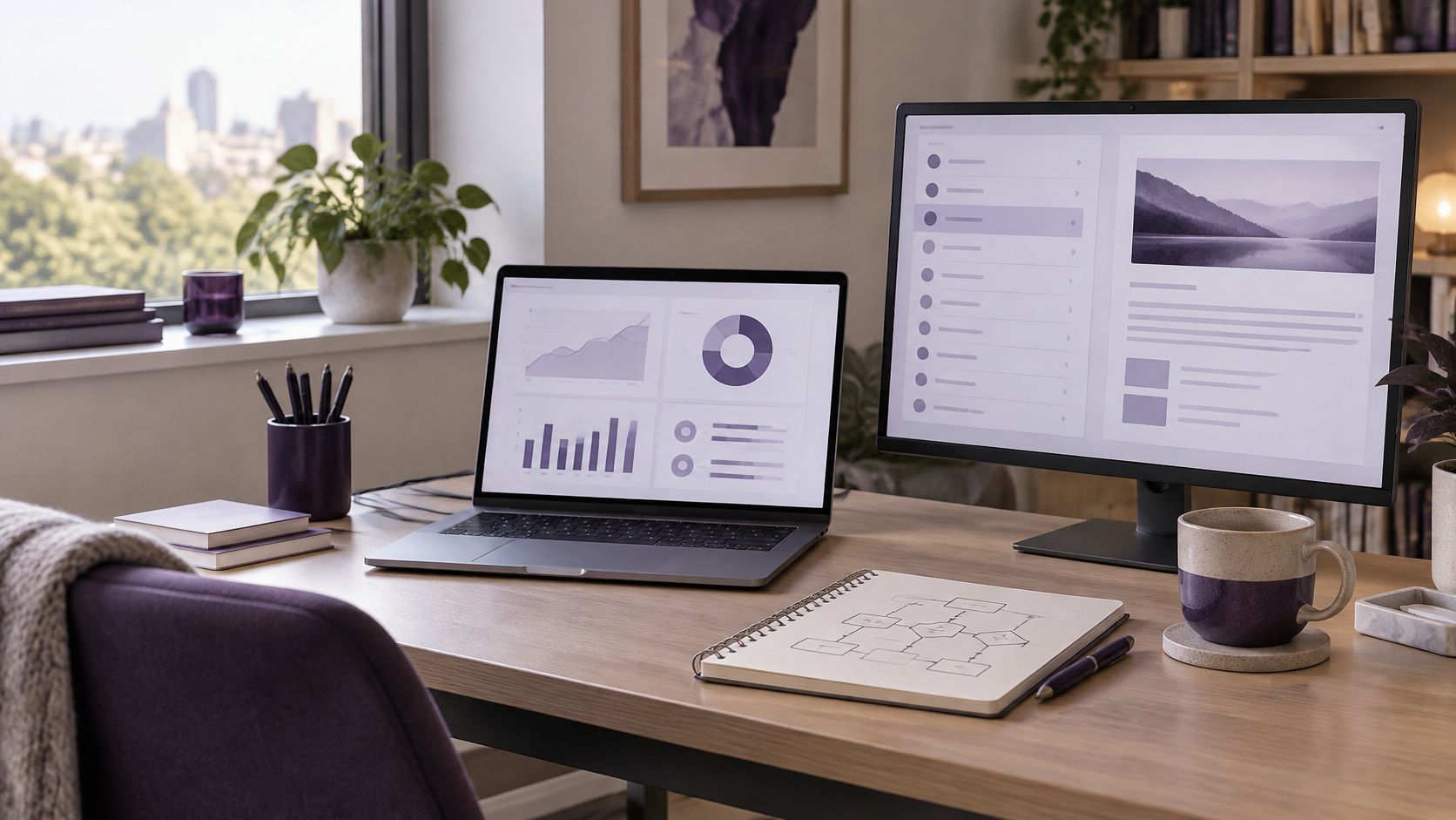 Ein organisierter moderner Arbeitsplatz mit einem Laptop und einem Monitor, auf denen digitale Benutzeroberflächen und Diagramme angezeigt werden.