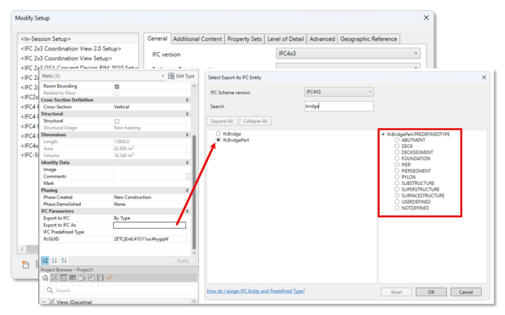 Export IFC dans Revit : définition des entités