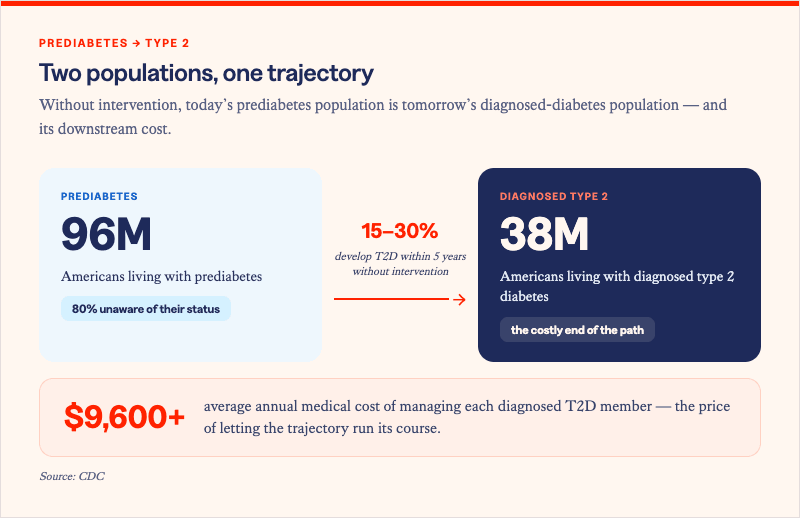 Solera Health blog inset titled "Two populations, one trajectory," under the eyebrow "Prediabetes → Type 2." It explains that without intervention, today's prediabetes population becomes tomorrow's diagnosed-diabetes population and its downstream cost. A trajectory diagram shows two population panels connected by an arrow: on the left, a light "Prediabetes" panel reads 96M Americans living with prediabetes, with a tag noting 80% are unaware of their status; the connecting arrow is labeled "15–30% develop T2D within 5 years without intervention"; on the right, a navy "Diagnosed Type 2" panel reads 38M Americans living with diagnosed type 2 diabetes, tagged "the costly end of the path." A footer band shows $9,600+ average annual medical cost of managing each diagnosed T2D member — the price of letting the trajectory run its course. Source: CDC.