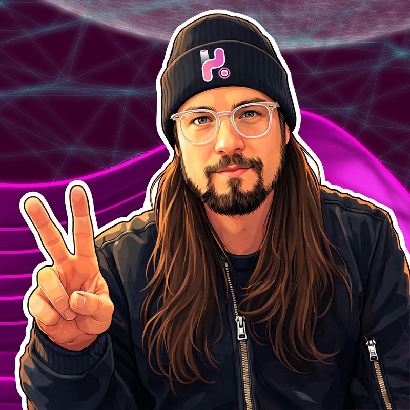 An illustrated image of Kristopher Shogren with a stylized background image reflective of the custom branding of the website.