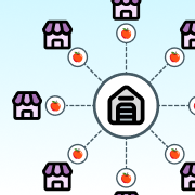 Illustration representing products being distributed from a DC to stores. 